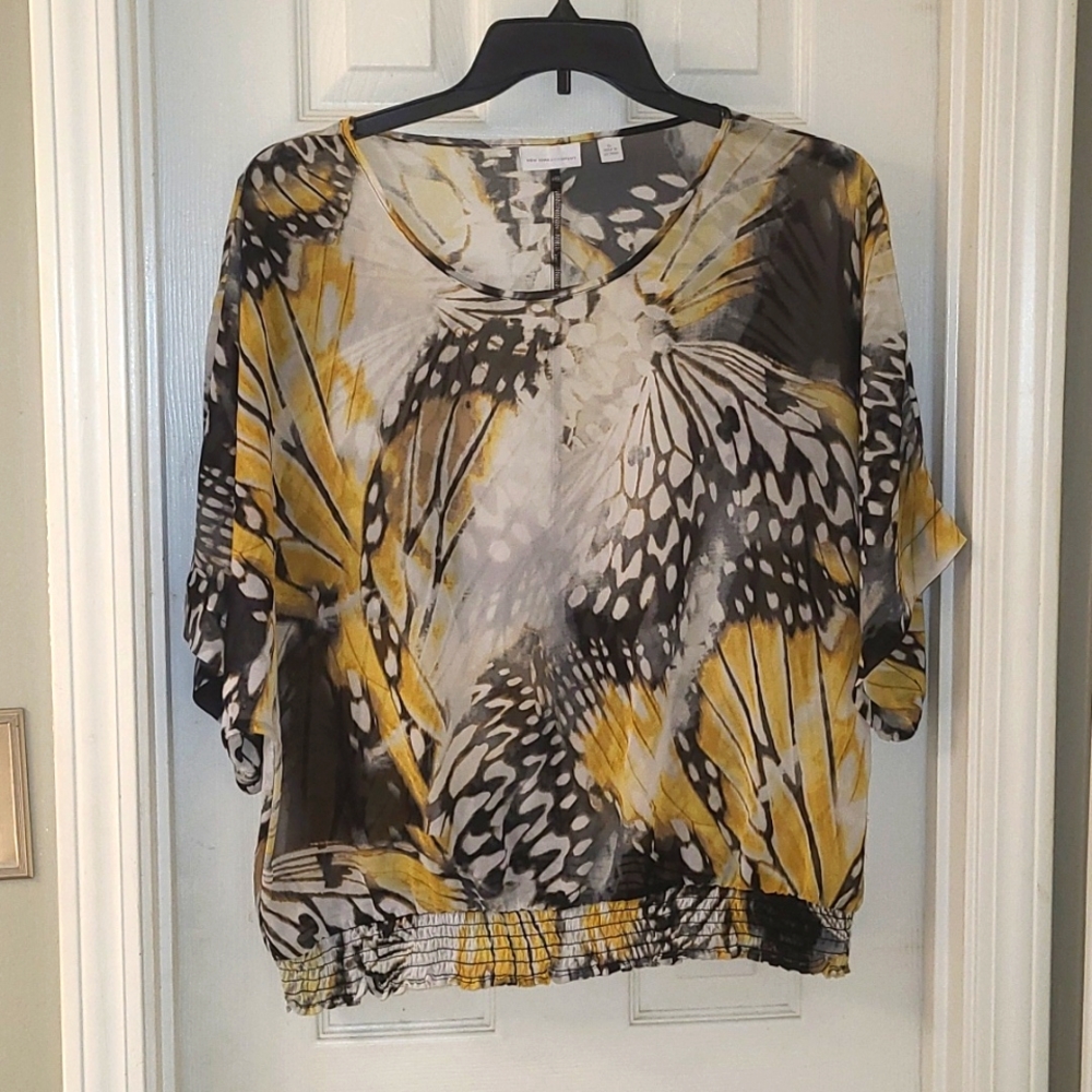 White, yellow, and black sheer top